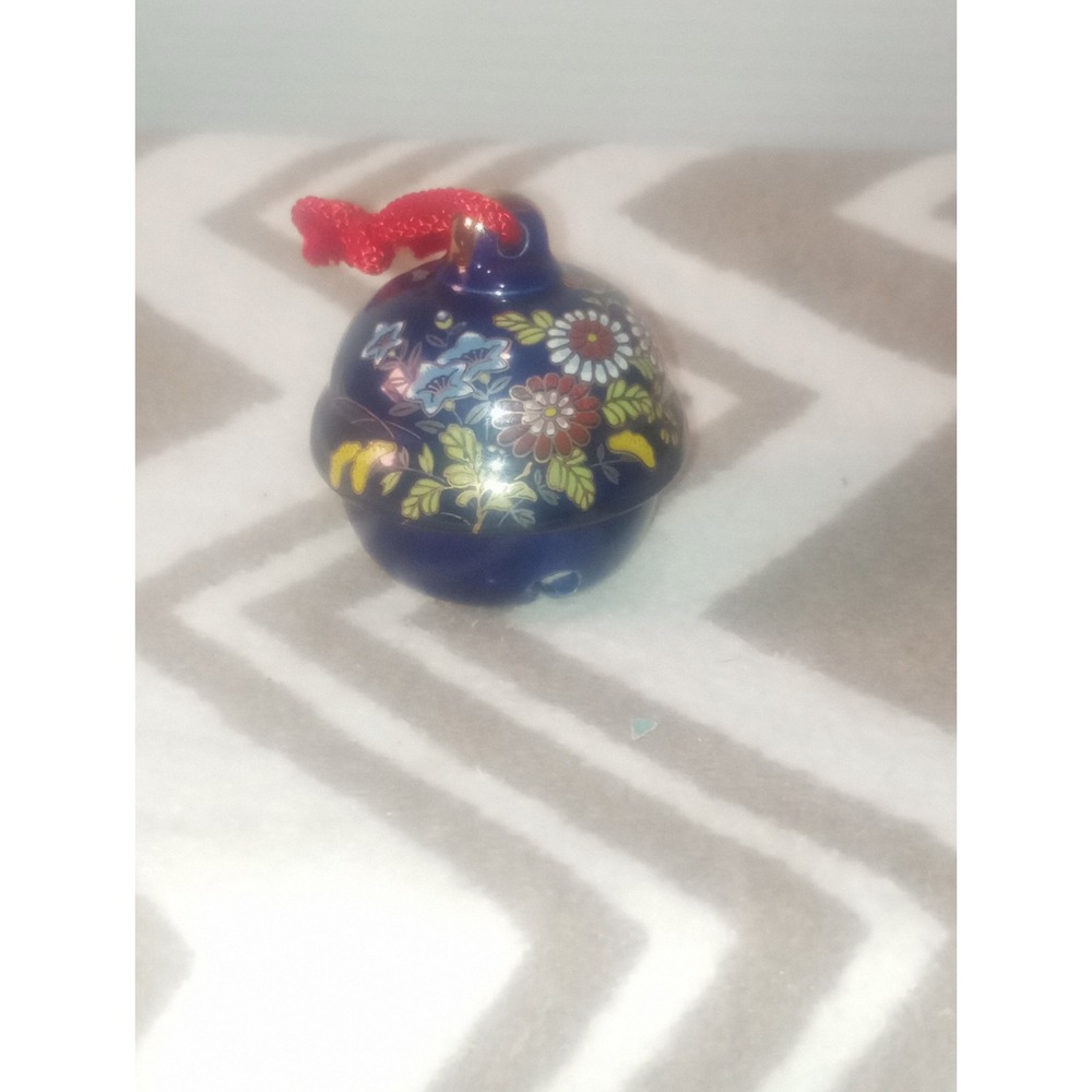 Kutani Blue Porcelain Bell Hand Painted Floral Red Cord Christmas Ornament 2.5